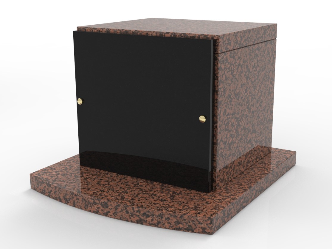 Case de columbarium modulable en granit rose avec porte noire, sur une base à l’avant légèrement courbe